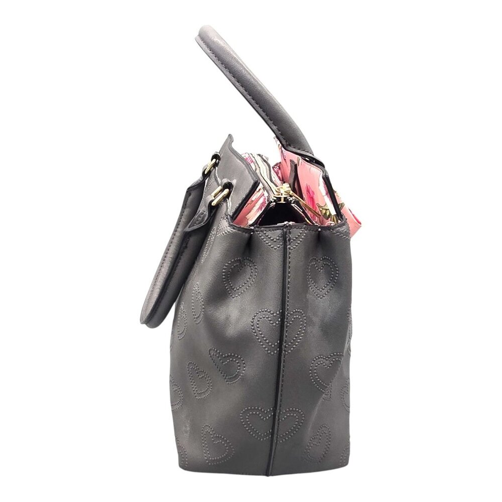 Betsey Johnson Purse Y2K Gray Heart Embossed Handbag Scarf Crossbody Strap - Picture 4 of 16